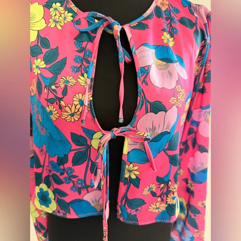 ZARA Satin Effect Floral Tie-Front Crop Top | Neon Pink Print